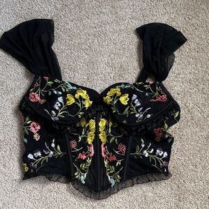 Floral Embroidered Black Crop Top
